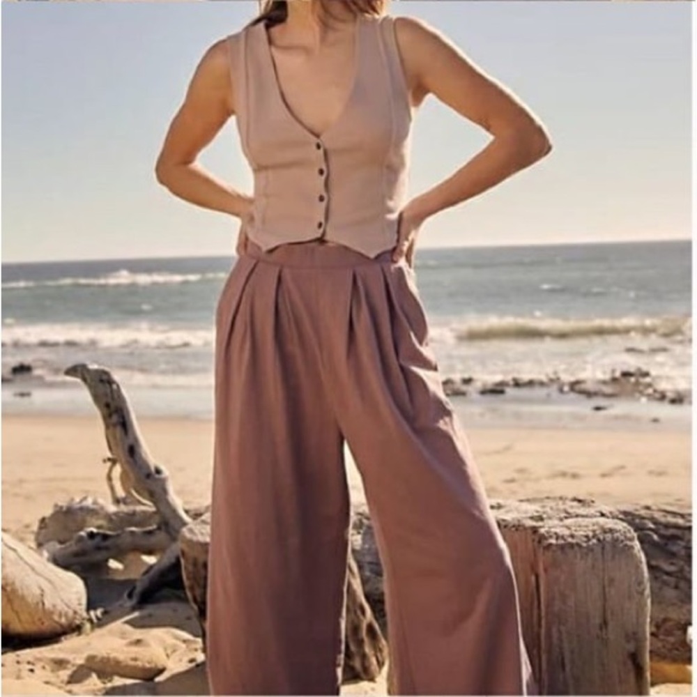 Free People Beach Roxanne Blossom Wide Leg Mauve Cotton Pants, size XS